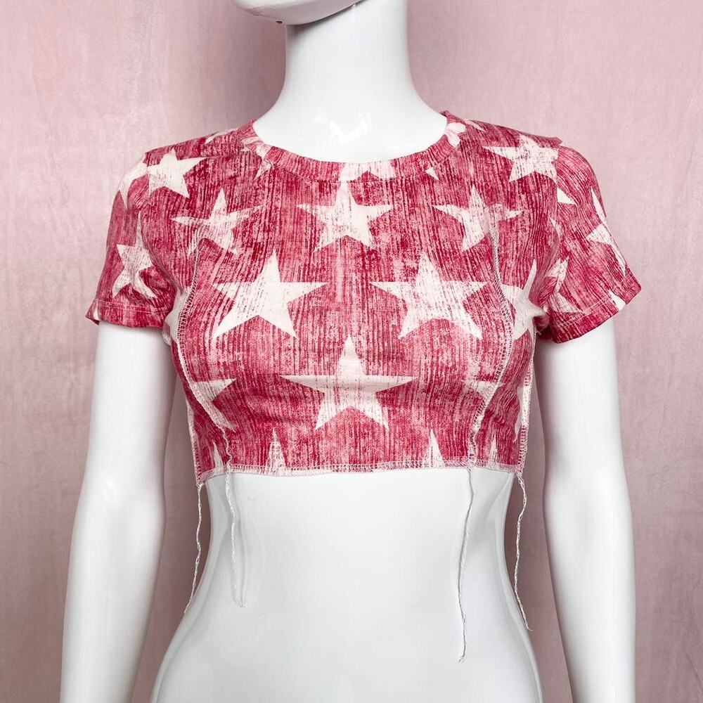 Reworked Christopher & Banks Red Star Stretchy Crop Top P/S Y2K Grunge Patriotic